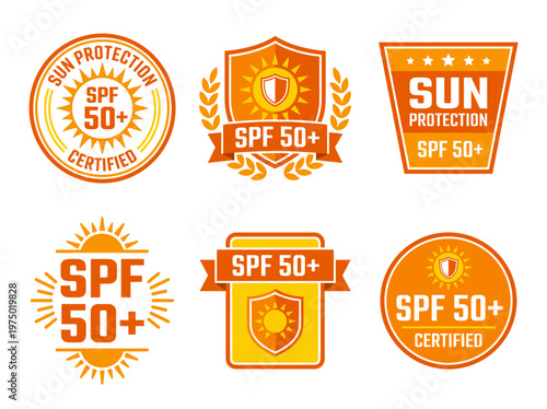 Sunscreen SPF 50 plus label set, protection shield emblems with sun rays, flat vector icons