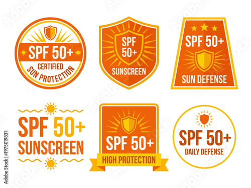 SPF 50 plus sun protection badges, cosmetic product labels with shield and sunburst motifs, vector
