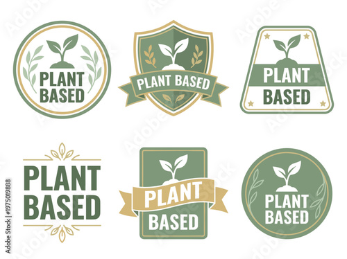 Botanical plant based badges: sage green organic seedling icons, natural certification product stamps.