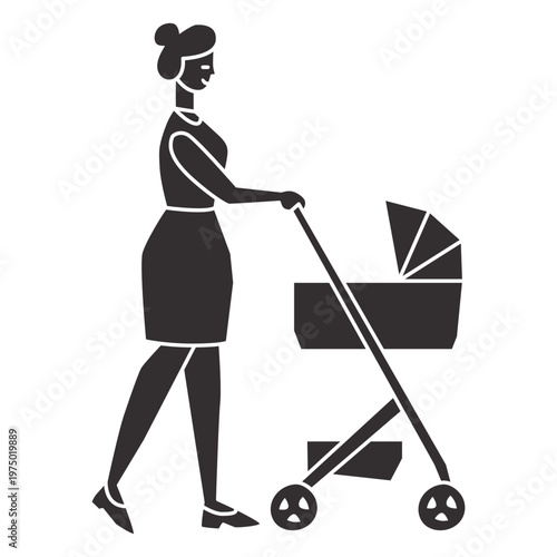 Cut-out silhouette of adult woman walking a baby in a stroller