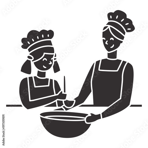 Cut-out silhouette of adult woman cooking with a young girl