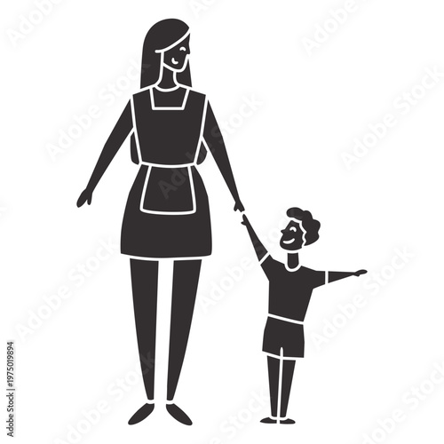 Cut-out silhouette of adult woman holding a kid by the hand