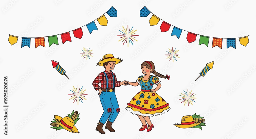 Naklejka premium Vector art of São João festival, dancing people, bonfire, lanterns, white background