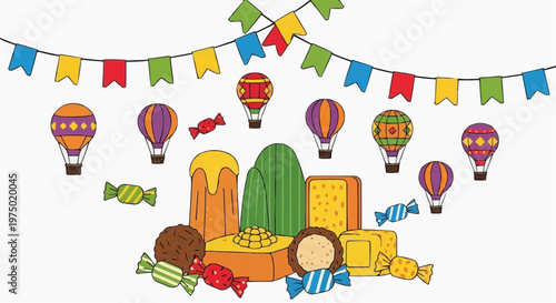 Vector of Festa Junina festival, straw hats, plaid shirts, music instruments, white background
