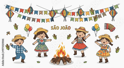 Festa Junina celebration vector, balloons, cakes, corn, ribbons, festive elements, white background