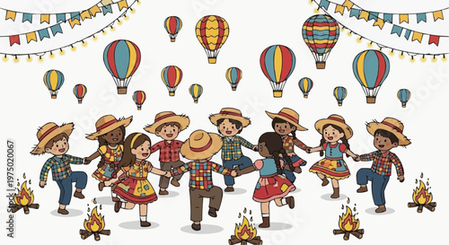 Festa Junina vector set, corn, popcorn, cake, drinks, festive decorations, white background