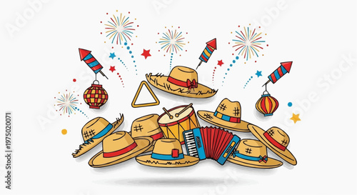 Traditional Festa Junina vector, paper flags, fireworks, hat, dancing couple, white background
