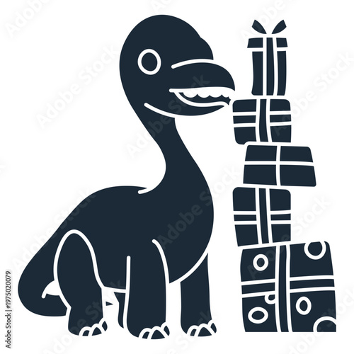 Cut-out silhouette of birthday dinosaur beside a pile of gifts