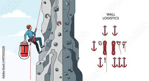 Extreme Sports Adventurer Ascends Vertical Rock Face Utilizing Essential Climbing Gear And Support