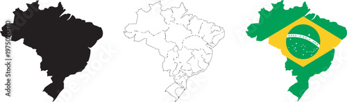 Brazil map silhouette, solid black and dotted regional division, flag map vector illustration, national territory, geographic political symbol, South America