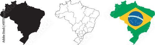 Brazil map silhouette, solid black and dotted regional division, flag map vector illustration, national territory, geographic political symbol, South America