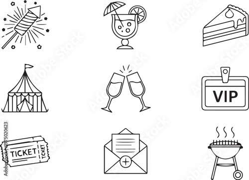 Black and white line art icons for party and celebration concepts