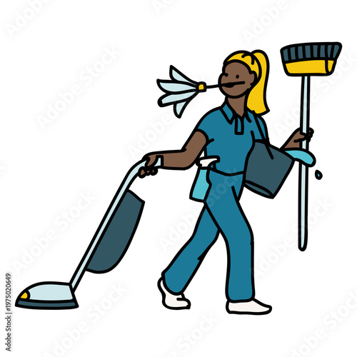 Woman cleaning with a mop and broom