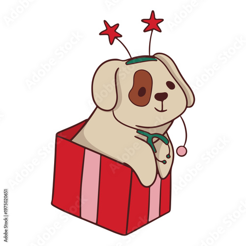 Dog sitting in a gift box with stars on it