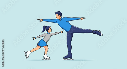 Father And Daughter Figure Skating Together On Ice