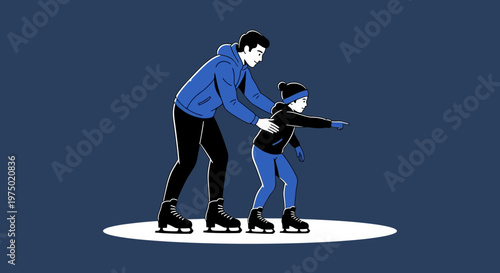 Father Teaching Child Ice Skating And Pointing Forward Together