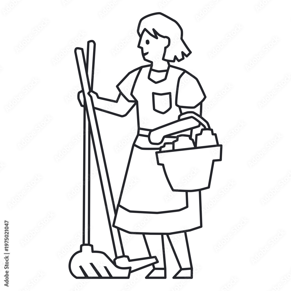 Fototapeta premium Black and white illustration of a woman with a broom