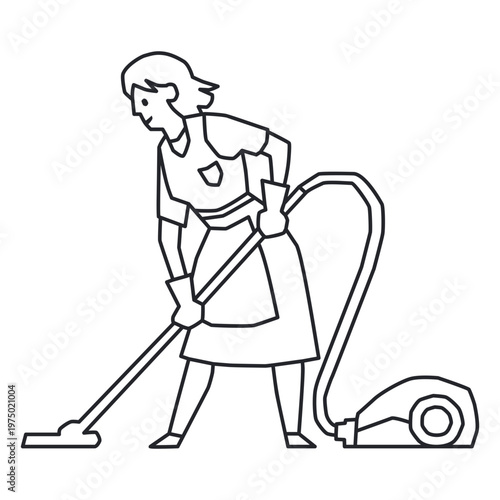 Line drawing of a woman cleaning with a vacuum cleaner