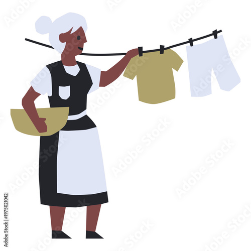Woman washing clothes on a clothesline