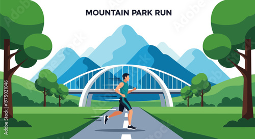 Fit Man Running Scenic Mountain Park Trail With Arch Bridge
