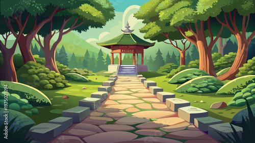 A serene pathway through a japanese garden Vector