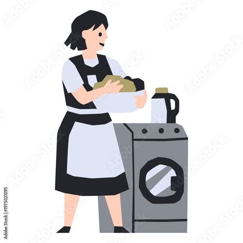 Maid standing next to a washing machine