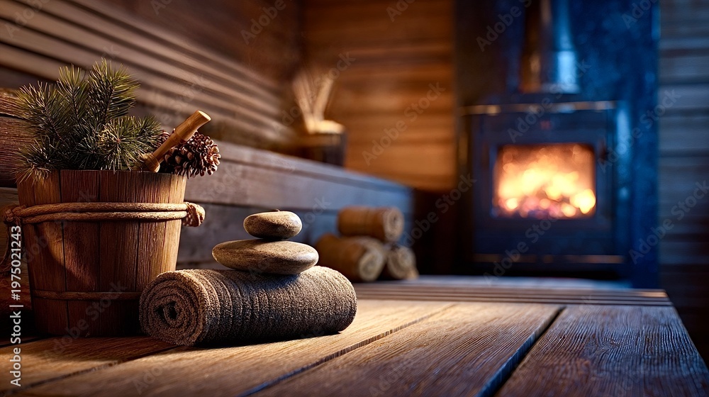 Obraz premium Sauna interior with hot stones and burning fireplace for relaxation