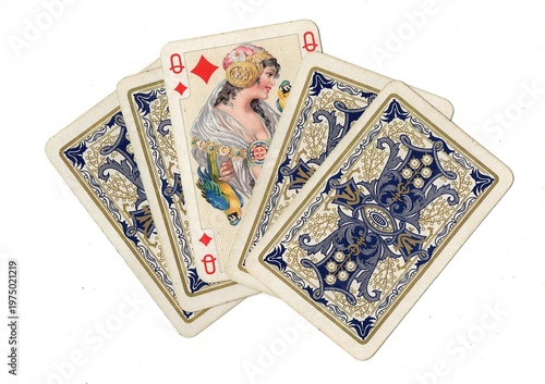 A hand of vintage playing cards with one card revealed on a white background.