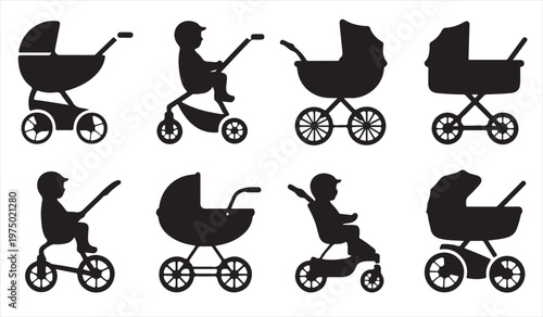 Collection of pushchair silhouettes with child transport designs isolated on white
