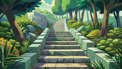 A staircase in a forest with trees and bushes Vector
