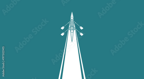 Focused Crew Rowing Aboard Racing Boat On Deep Blue Water Path