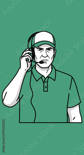 Focused Coach Communicating Using Headset and Microphone Ready For Action