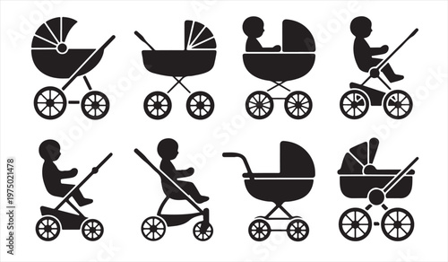Baby stroller and pram silhouette set with infant carriage icons for parenting concepts