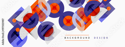 Abstract geometric pattern. Overlapping squares, circles create dynamic visual texture. Orange, purple hues dominate design.