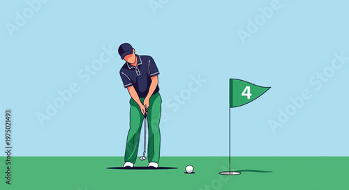Focused Golfer Concentrates On The Putt Towards The Hole On The Green