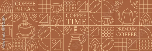 Geometric coffee pattern in minimalist Bauhaus style. Geometric line drawing. Abstract print background with simple shapes for coffee shop, food packaging, cafe wall, menu.