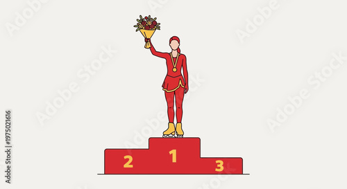 Figure Skater Victorious On Podium With Bouquet And Medal Celebration