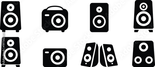 Audio speaker system icon set, Sound equipment and music device symbols, Multimedia speaker silhouette collection