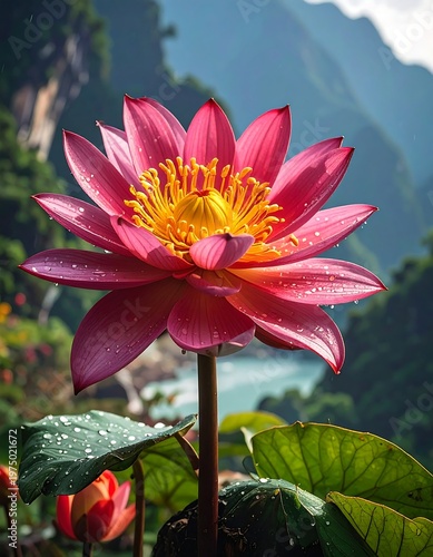 A vibrant, close-up photograph showcasing a pink lotus flower in full bloom, adorned with water droplets, against a soft-focus mountain landscape
