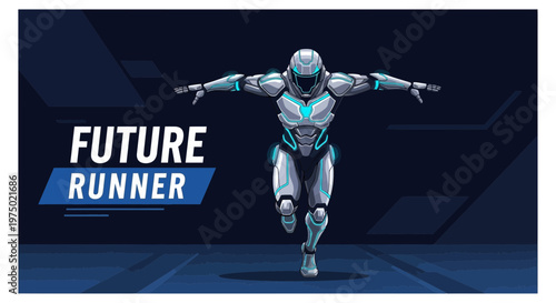 Futuristic Runner In Sleek Silver And Blue Armor