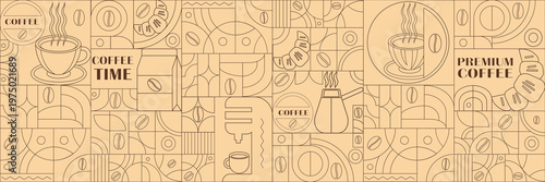 Geometric coffee pattern in minimalist Bauhaus style. Geometric line drawing. Abstract print background with simple shapes for coffee shop, food packaging, cafe wall, menu.
