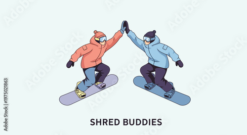 Friends Snowboarding Together High Five Winter Sport Fun