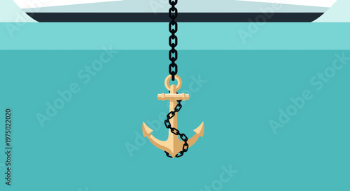 Golden Anchor Suspended By Chain Beneath Ship Hull On Calm Waters