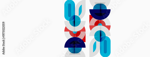 Abstract geometric shapes, blue, red, navy. Overlapping circles create modern pattern. Minimalist design, clean lines, white background.