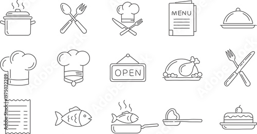 Vector line icons of restaurant and kitchen utensils and food