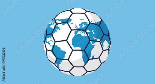 Global Soccer Ball With World Map Continents On Blue Background