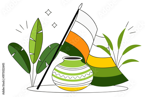 Gudi Padwa background with kalash, flag, and banana leaf. Celebration concept. Vector illustration for greeting card, banner, poster