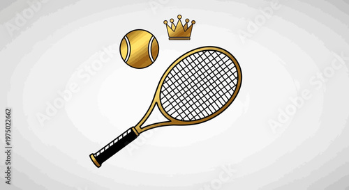 Golden Tennis Racquet Ball and Crown Icon Representing Championship