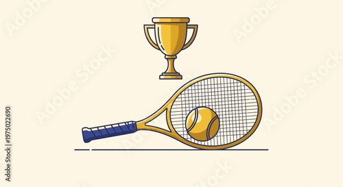 Golden Tennis Trophy And Racket Celebrate Victory And Championship Success