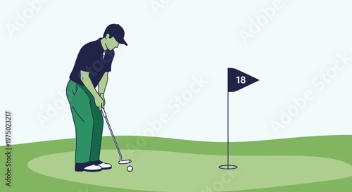 Golfer Concentrates On A Crucial Putt On The 18th Green